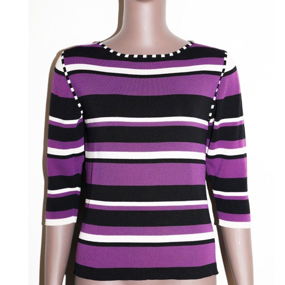 Vintage Preppy Purple Striped 3/4‎ Sleeve Basic Top Womens Casual Small